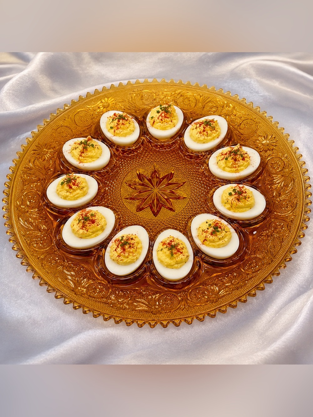 Vintage Amber Glass Deviled Egg Platter 12” Heavy Pressed Glass Serving Tray